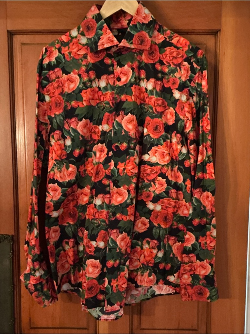 Floral Print Long-Sleeve Dress Shirt - Red Rose Pattern